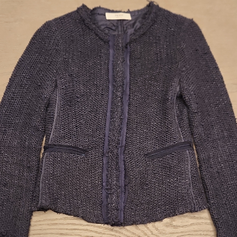 Prada Navy Blazer with Frayed Trim and Fitted Silhouette